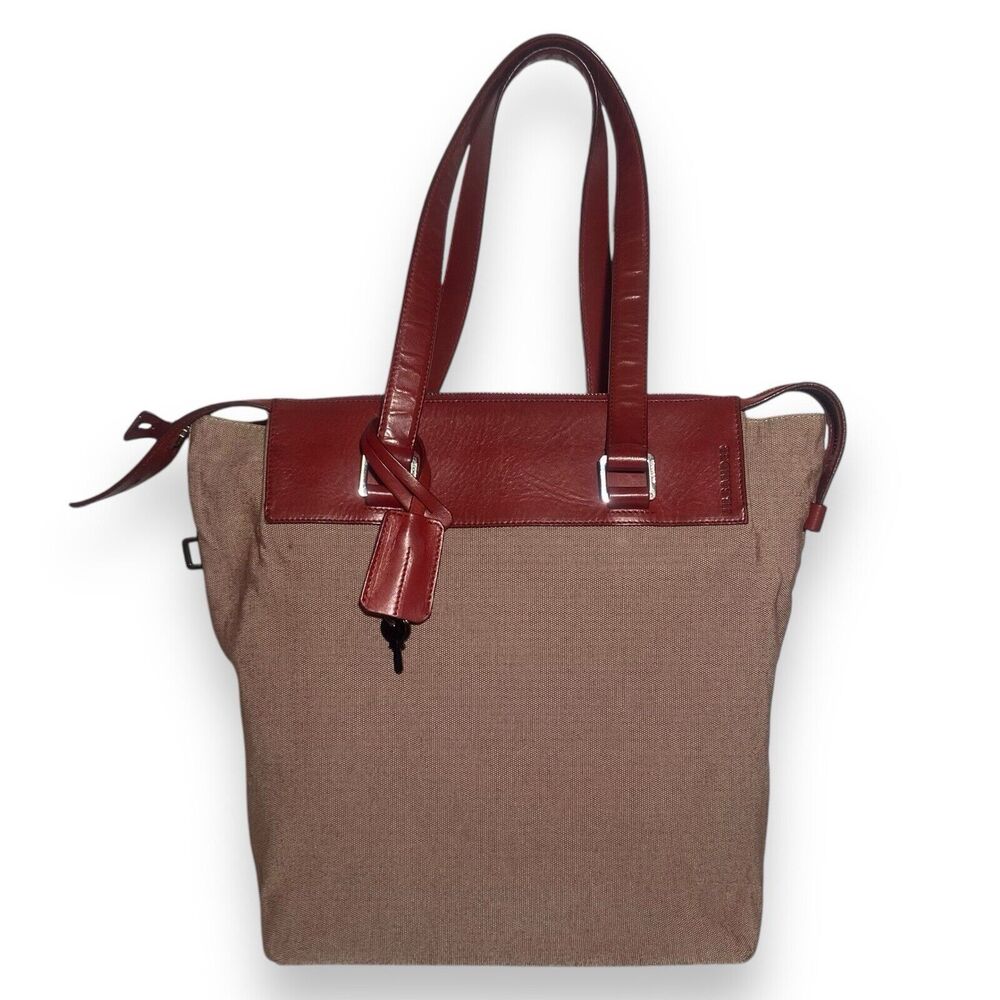 Jil Sander Shoulder Bag Red Leather & Canvas Tote Leather Lining w Keys No Lock